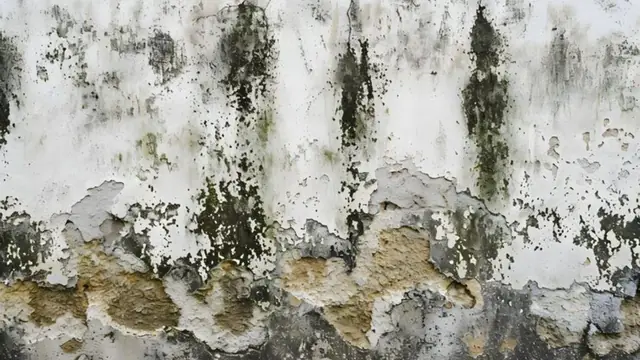 White wall covered with dark mold streaks and peeling paint