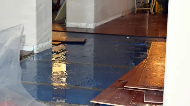 Hardwood floor boards lifted over blue underlayment after water damage