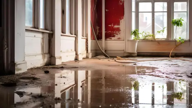 Muddy floor and water-marked walls in a room with a hose running after a flood