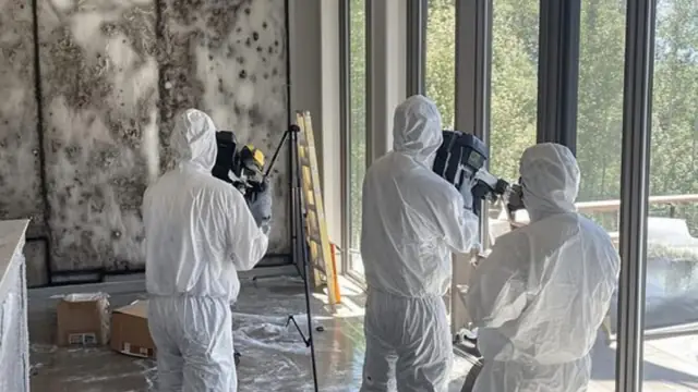 Crew in white protective suits assessing a mold-damaged room with a camera and equipment