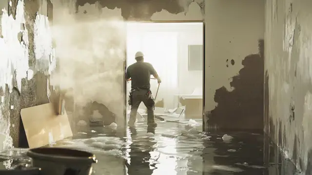 Man standing in a flooded room with peeling walls and standing water after a leak
